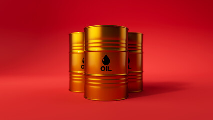 Three gold metal oil barrels on red background. Front view. Oil industry concept. 3d render illustration