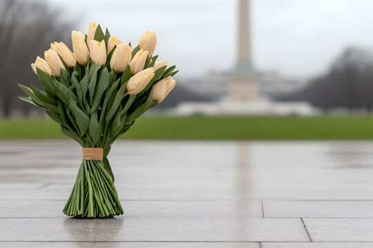 Cream tulips bouquet rests on a stone ground with a monument in the background