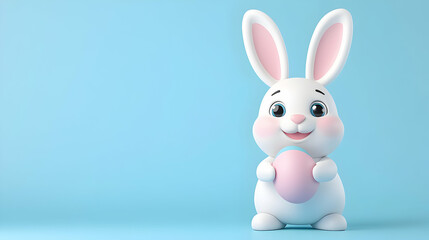Obraz premium Cute Easter bunny holding a pastel egg against a light blue background