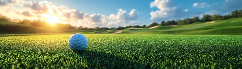 Obraz premium Golf ball on a green at sunset
