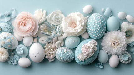 Obraz premium Colorful eggs and flowers decorate a blue surface, celebrating the joy of Easter.
