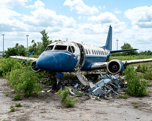 Derelict twin-engine turboprop airliner abandoned outdoors, overgrown with vegetation