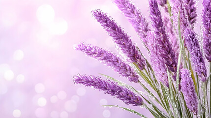 Dew-kissed lavender bouquet against a soft, purple bokeh background