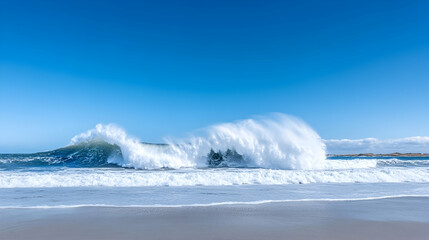Dramatic ocean wave breaking on a sandy beach under a clear blue sky