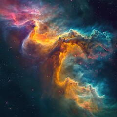 Fototapeta premium A vibrant and cosmic nebula illuminates the night sky with hues of gold, blue, and pink amidst a sprinkle of stars, a celestial wonder.