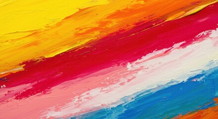 Obraz premium A vibrant painting featuring wide expressive brush strokes in bold colors including yellow, red, pink, blue, orange and white