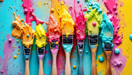 Vibrant paint brushes, Colorful paint splatters, Explosive pigments, Turquoise background