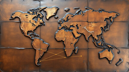 A bronze world map with highlighted routes, symbolizing global connectivity and exploration across continents.