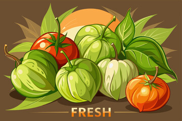 vector of  Fresh Ground-Cherry Tomatillos. Essential Ingredient for Mexican Cuisine and Salsa Verde