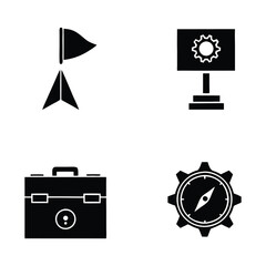 Business and Strategy Solid Icon Set – Black Vector Silhouettes Featuring Flag, Presentation Board, Briefcase, Gear Compass for Leadership, Planning, Direction, and Management Concepts