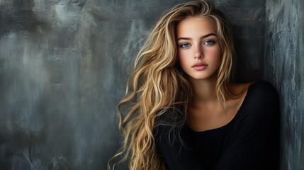 Fototapeta premium Blonde Woman Portrait with Long Hair in Black Top Against Textured Wall