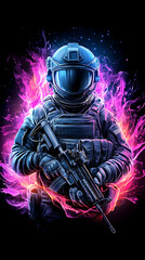 Fototapeta premium Fiery digital art of a soldier in full tactical gear, holding a rifle