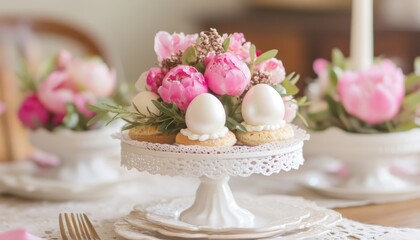 A beautiful arrangement of white and pink flowers displayed in a vase, elegantly placed on a cake stand, enhancing the decor with a touch of nature.