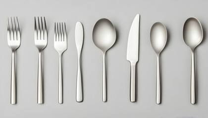 Flatlay of modern silverware set on grey background