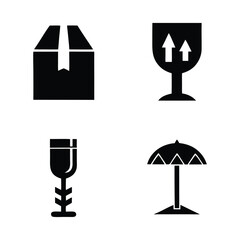 Shipping and Fragile Product Handling Icons – Solid Black Vector Set with Parcel Box, Glass with Arrows, Broken Wine Glass, and Protective Umbrella Symbol for Delivery Packaging and Logistics Design