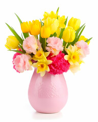 Colorful spring bouquet featuring yellow tulips, pink carnations, and daffodils in a pink vase arranged with lush green leaves in bright natural light