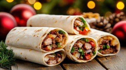 Festive beef burritos with fresh vegetables and holiday background. Cinco de Mayo, Battle of Puebla Day, Mexican Heritage Festival - Latin American Cultural Celebration