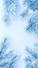 Frosty pine branches frame a light blue background