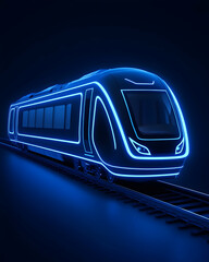 Obraz premium Futuristic electric train illuminated with neon blue light, gliding on tracks at night