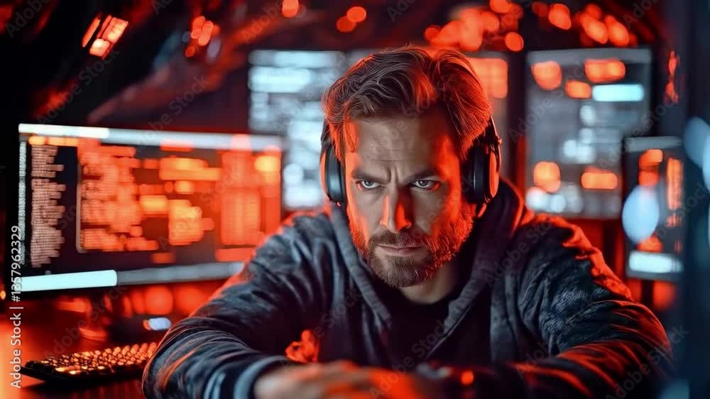 Aufkleber A cybersecurity expert intensely monitors multiple screens filled with security data and codes. Wearing headphones, he focuses on detecting and mitigating potential data breaches in real time.