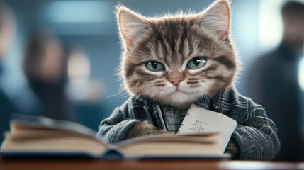 Adorable cat in jacket reading and taking notes at desk. Back to School, School Season, First Day of School - Education Supplies, Academic Year Beginning