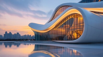 Fototapeta premium Modern architecture at dawn, reflecting in water, city skyline in background