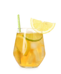 Refreshing iced tea with slices of lemon, lime and drinking straw in glass isolated on white