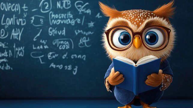 Cute cartoon owl reading book in classroom with chalkboard math illustrations. Back to School, School Season, First Day of School - Education Supplies, Academic Year Beginning