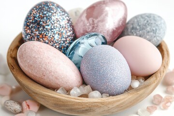 Colorful eggs arranged in a bowl on a festive table for Easter celebration.