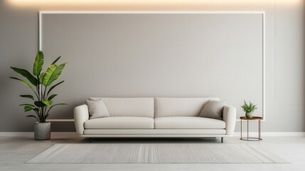 Luxury home minimalist and exclusive, A minimalist living room featuring a light sofa, decorative plants, and a simple wall design, creating a serene and modern atmosphere.