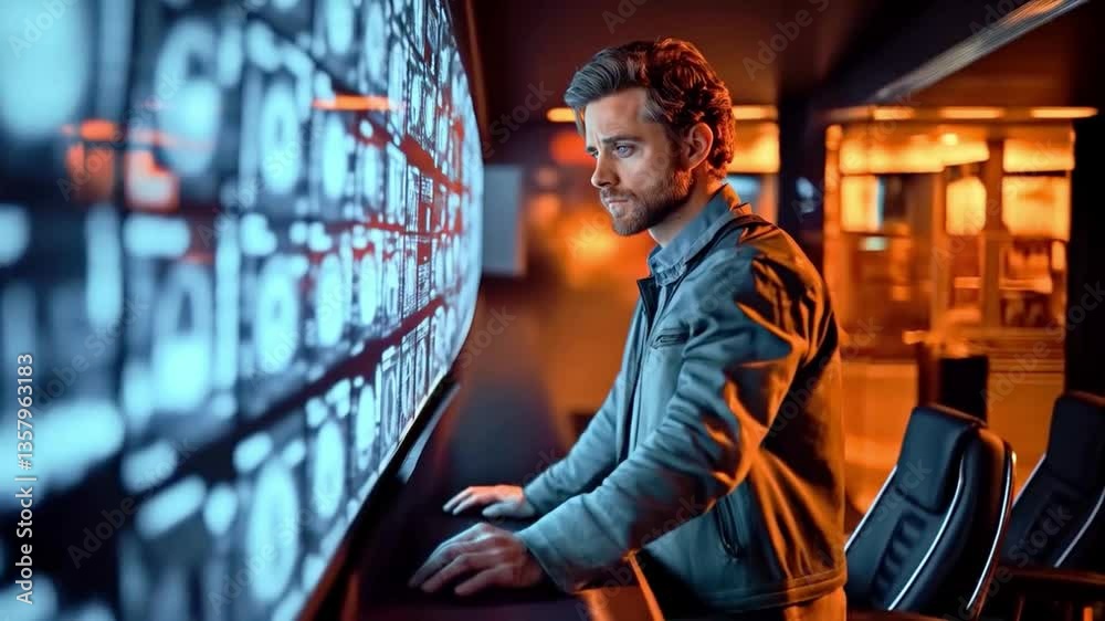 Poster In a dimly lit data center, a cybersecurity specialist analyzes firewall activity displayed on large screens. The environment emphasizes advanced technology and vigilance against data breaches.
