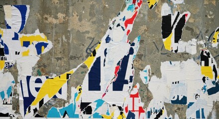 A visually chaotic collage of colorful torn posters stuck on a weathered urban wall