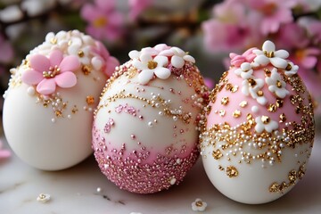 Three colorful eggs adorned with pink and white flowers resting on a table for Easter celebration.