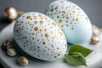 Obraz premium Two golden-dotted eggs sit elegantly on a plate, celebrating the spirit of Easter.