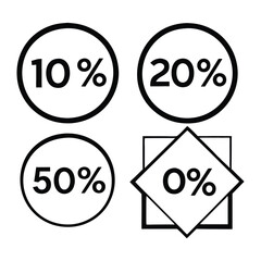 Bold Discount Percentage Labels Vector Set – Minimal Circle and Diamond Shaped Icons Featuring 10%, 20%, 50%, and 0% Off Sale Symbols for Ecommerce, Promotional Banners, Marketing Graphics, and Online