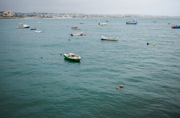 Numerous small fishing boats are anchored in a calm bay with a coastal town visible in the background under cloudy skies.
