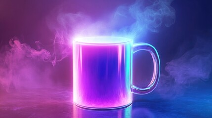 Glowing neon mug with steaming vapor on reflective surface