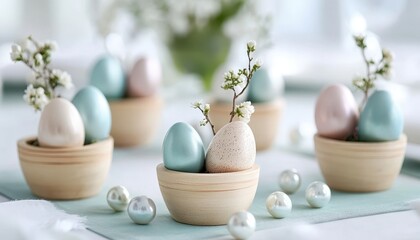 A collection of small wooden bowls filled with eggs and adorned with fresh flowers, showcasing a rustic and natural aesthetic.