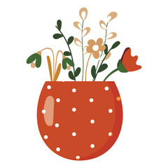 Vase in the shape of an egg. Easter vase. Flowers. For greeting cards design. Vector illustration