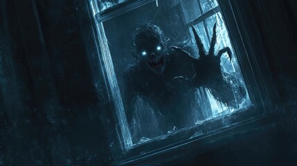 Terrifying dark creature with glowing eyes reaching through a window. Halloween, All Hallows Eve, Samhain - Spooky Holiday Season, Fall Festival Celebration