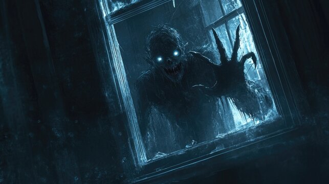 Terrifying dark creature with glowing eyes reaching through a window. Halloween, All Hallows Eve, Samhain - Spooky Holiday Season, Fall Festival Celebration