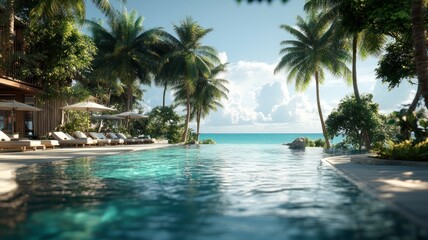 Fototapeta premium A luxury beach resort with cascading infinity pools flowing into the ocean, surrounded by palm trees, creating a serene and tropical environment.
