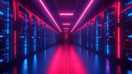 Fototapeta premium A cloud storage server protected by digital shields and firewalls in a dark server room, illuminated by blue and red neon lights, creating a high-security and futuristic atmosphere.