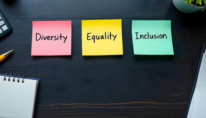 Colorful sticky notes, office desk, workplace diversity concepts, pink yellow green papers, handwritten text, equality inclusion diversity words