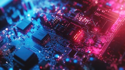 Obraz premium Circuit Board with Neon Lights Cityscape