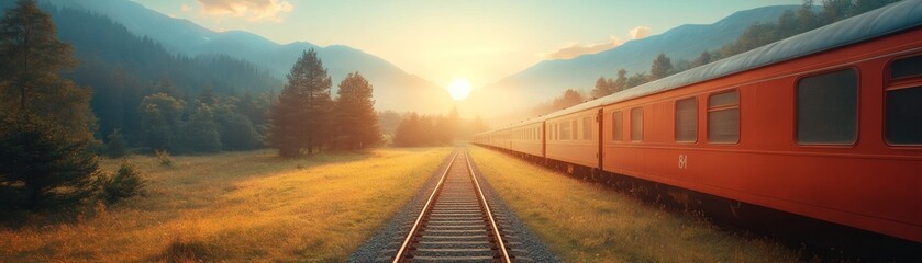 Fototapeta premium A red train travels through a scenic mountain valley at sunset. The train is moving forward, while the sun is setting behind the mountains in the distance, casting a warm glow on the landscape