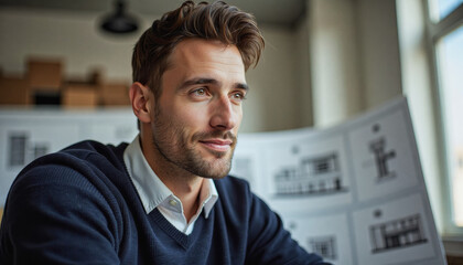 Obraz premium Portrait headshot photo of diverse friendly people: A thoughtful man gazes out a window, surrounded by architectural blueprints.