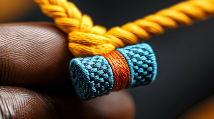 Close-up of Hand Holding Yellow and Blue Braided Rope with Knot