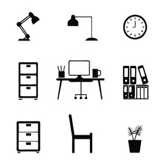 Office Furniture and Equipment Silhouette Icon Set – Black Vector Collection Featuring Desk, Chair, File Cabinet, Computer, Lamp, Clock, Plant, and Binder Files for Workspace, Productivity, and Busine