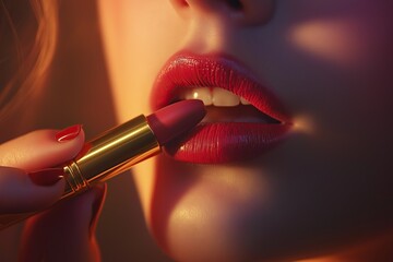 Part of a young woman's face, lips and chin, while applying lipstick